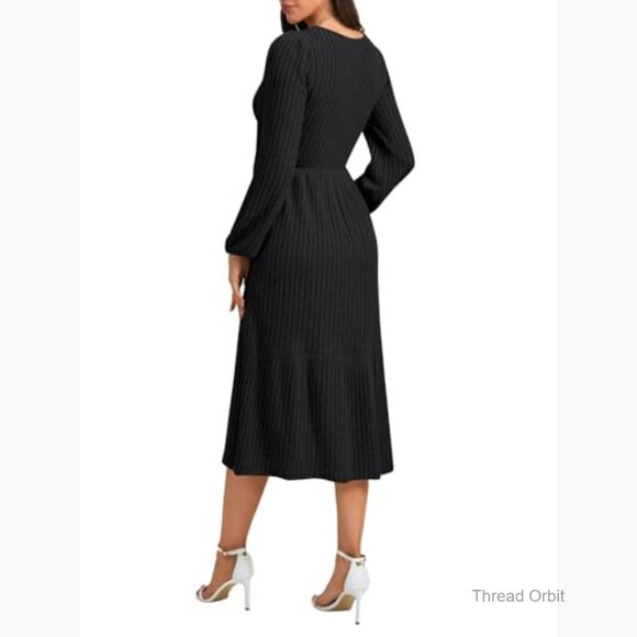 Long Sleeve Ribbed Knit Sweater Dress, Square Neck Tiered A-Line Fall Winter - Picture 5 of 6